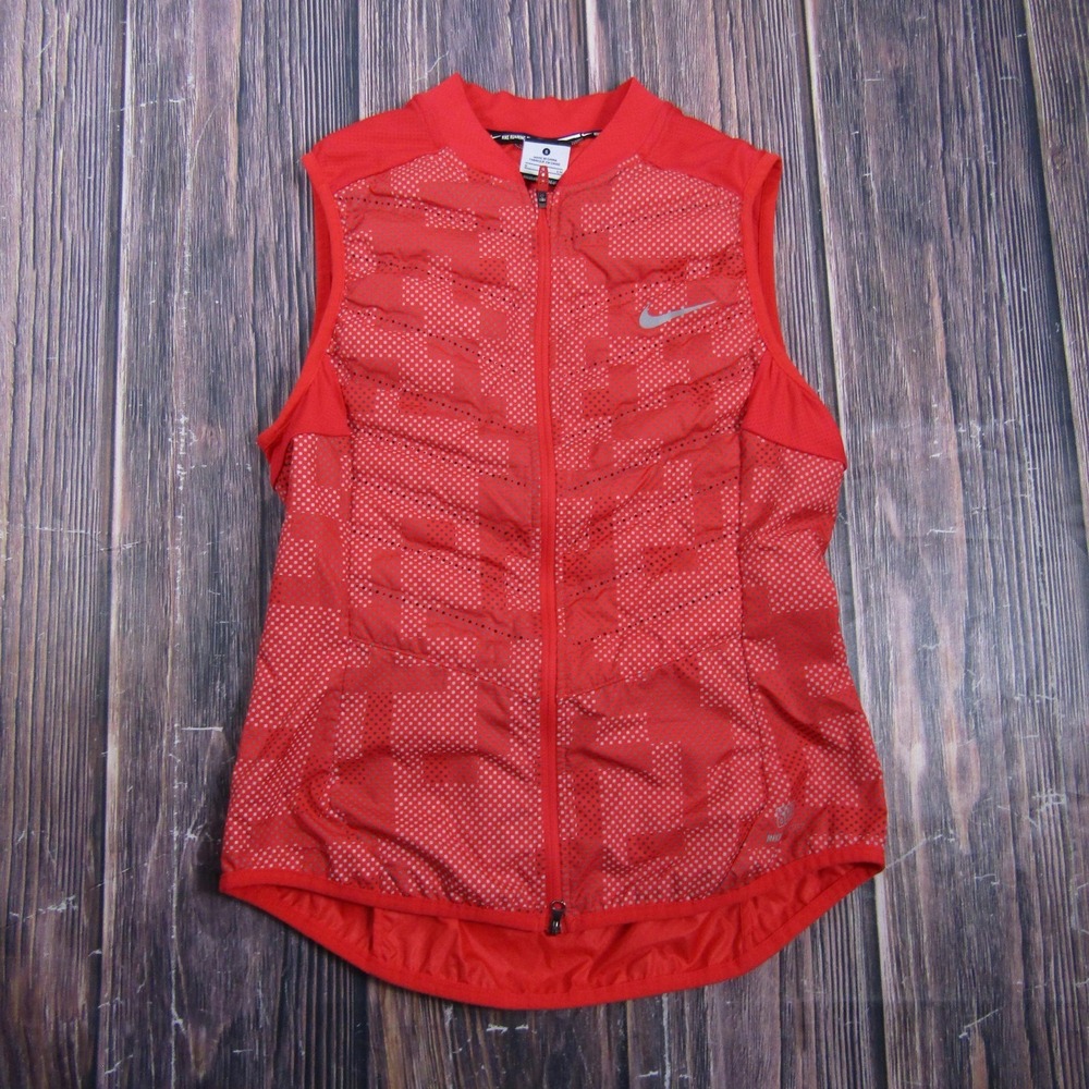 Nike Running Vest Womens S Red Full Zip Padded Sleeveless Jacket Reflective